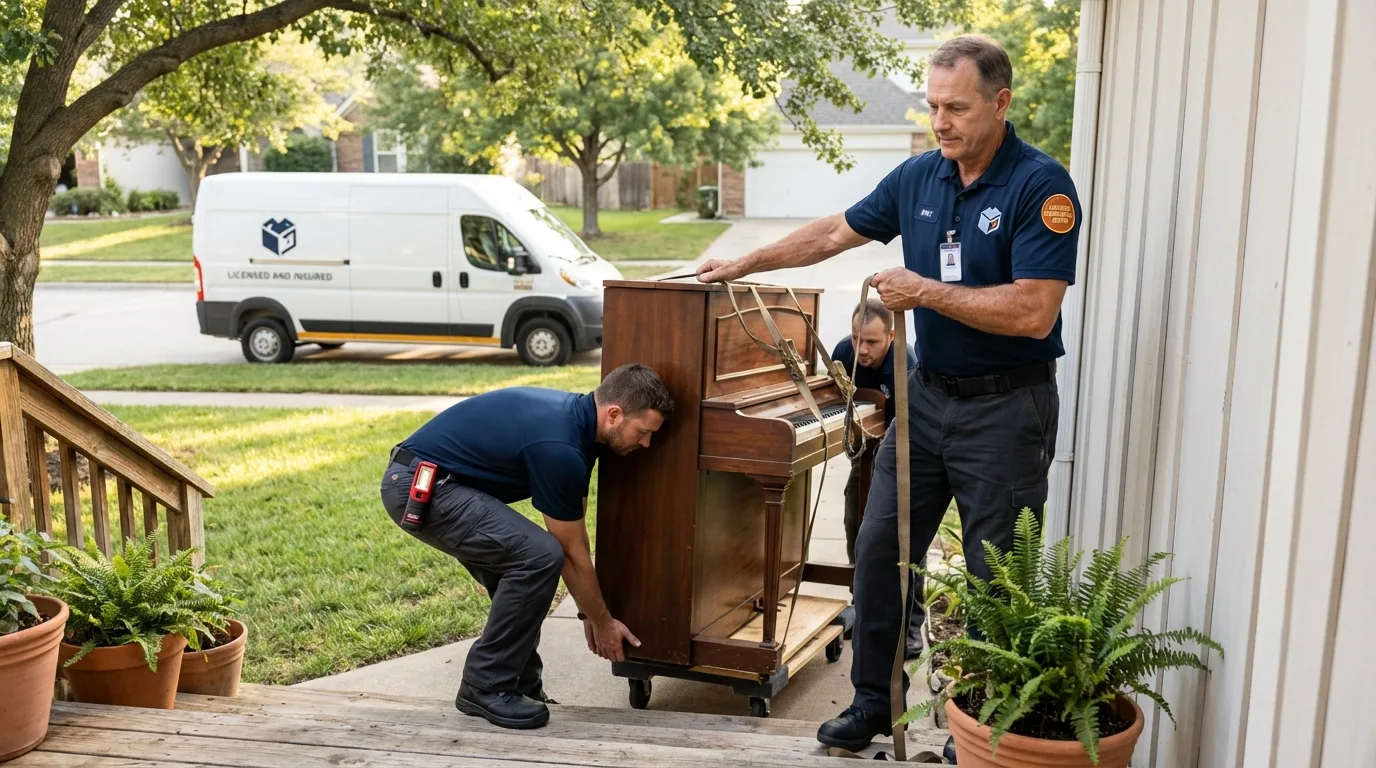 Licensed piano movers securing grand piano in Brandon, SD