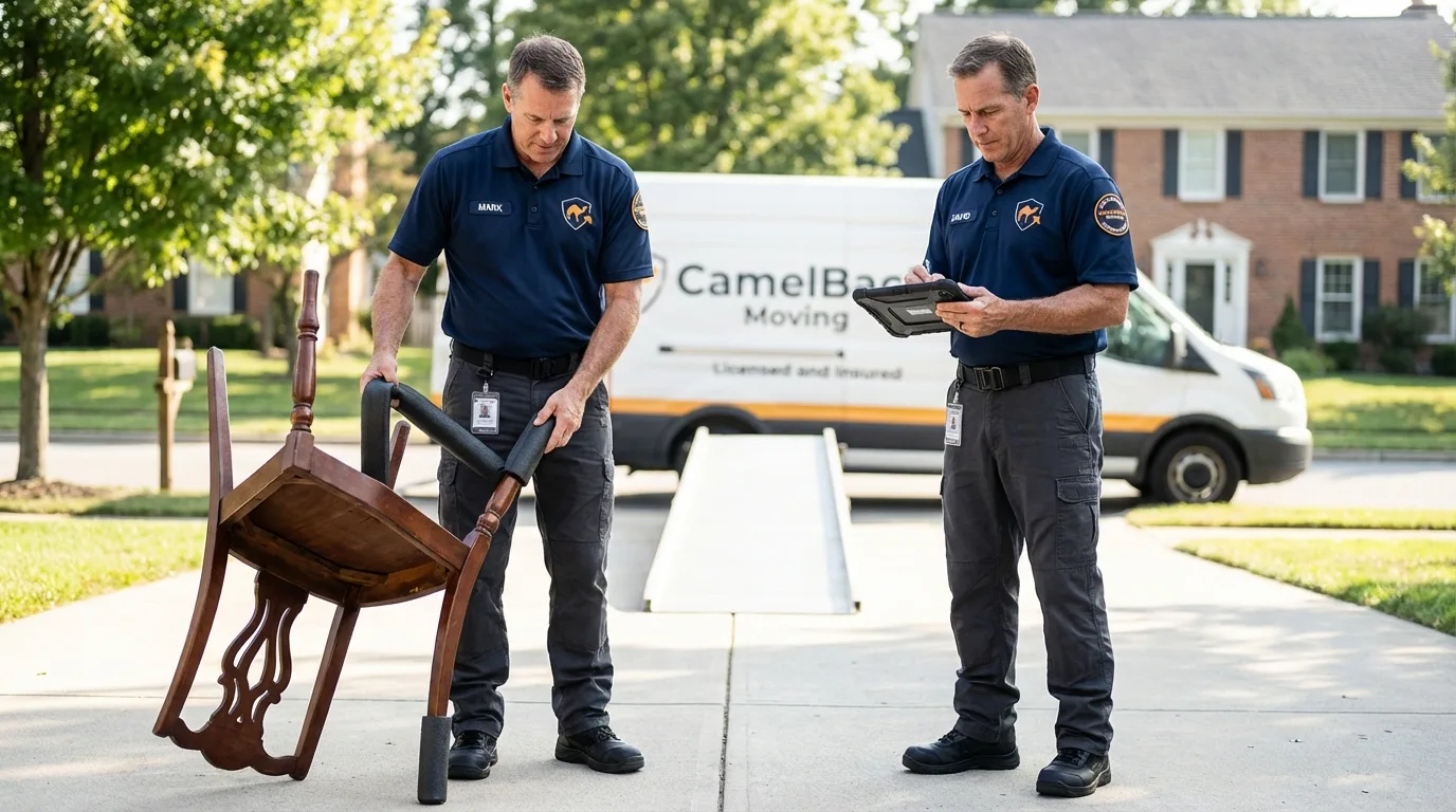 Movers inspecting furniture for damage prevention before loading in Brandon, SD