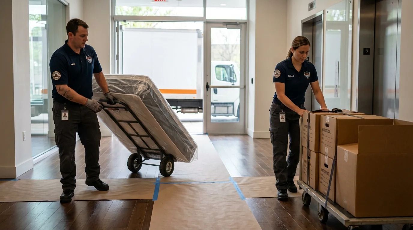 Professional apartment movers loading elevator in Brandon, SD